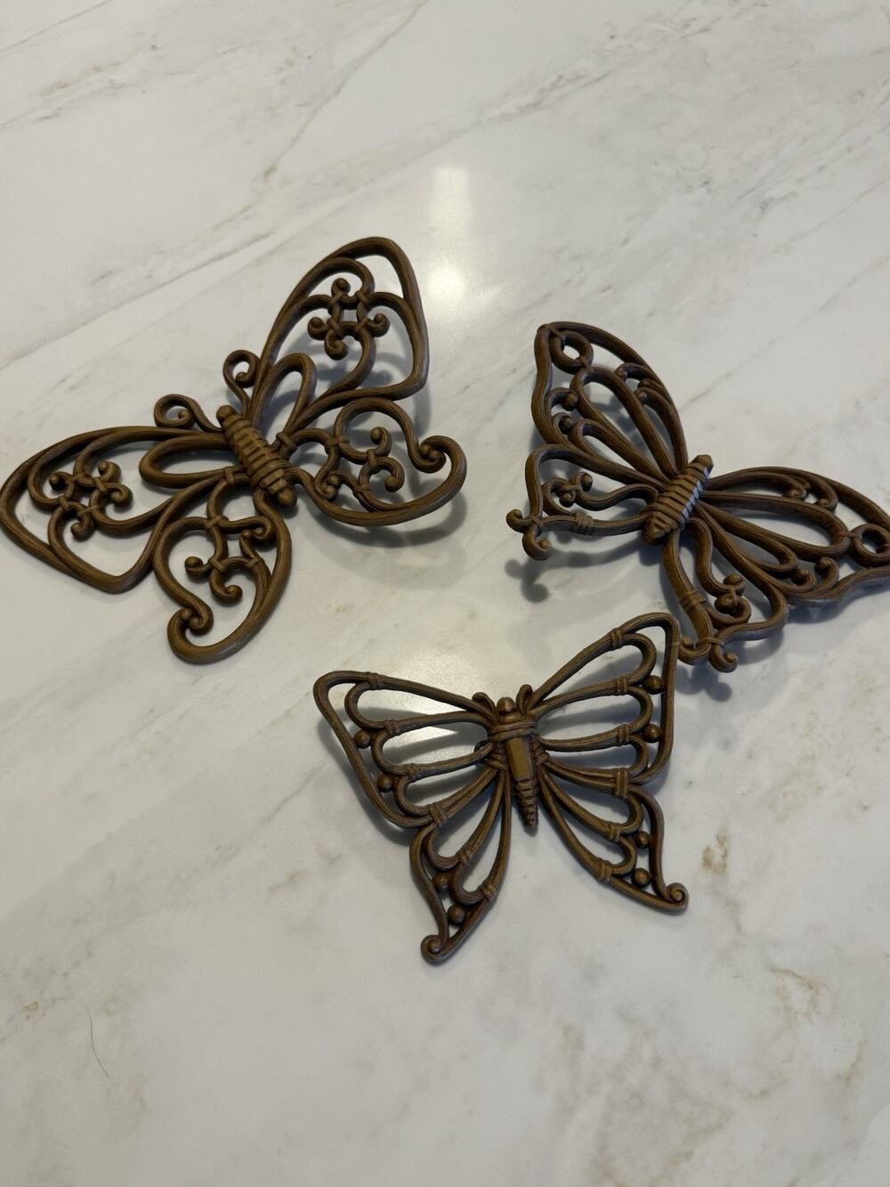 Vintage Syroco Butterfly Faux Wood Wicker Wall Decor Set of 3 MCM 70s Boho